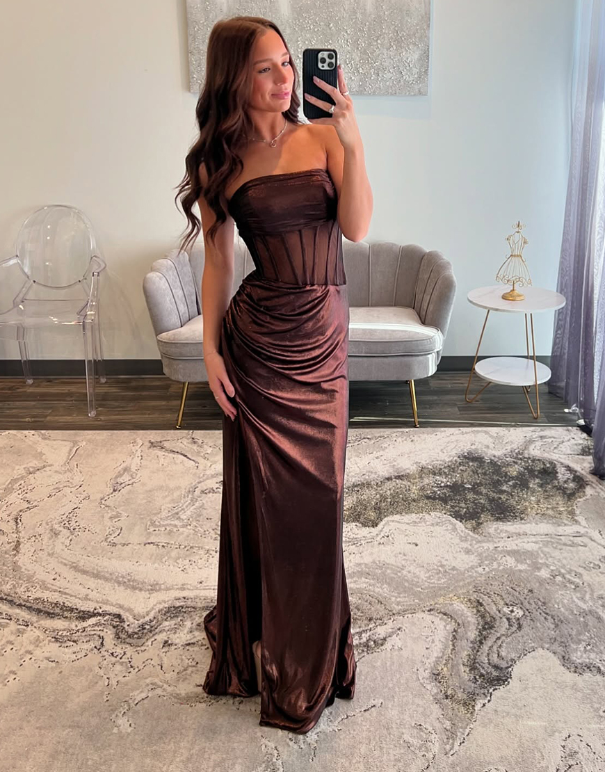 Metallic Brown Mermaid Strapless Corset Long Prom Dress with Slit