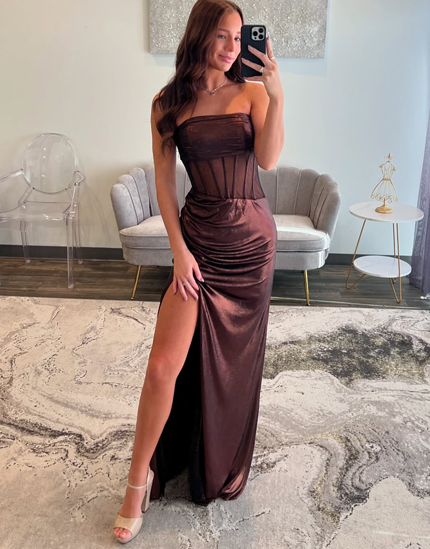 Metallic Brown Mermaid Strapless Corset Long Prom Dress with Slit