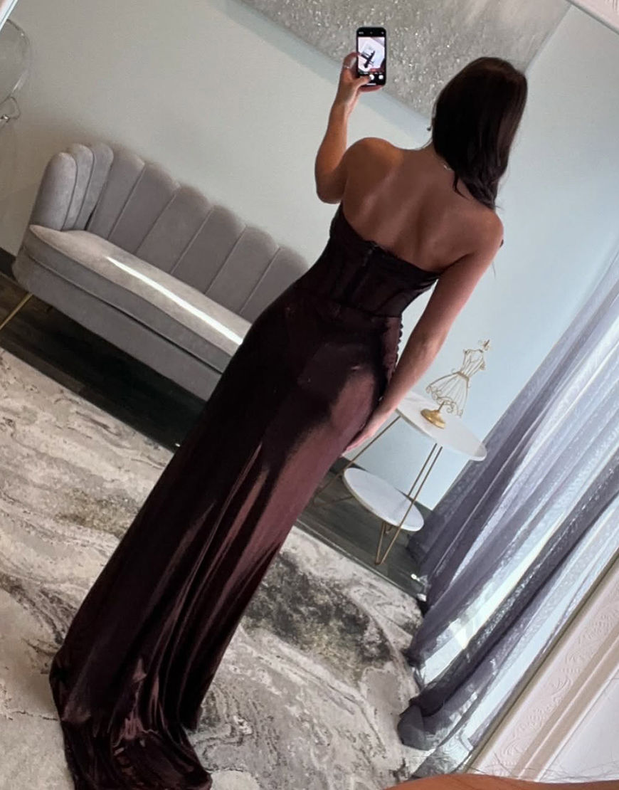 Metallic Brown Mermaid Strapless Corset Long Prom Dress with Slit