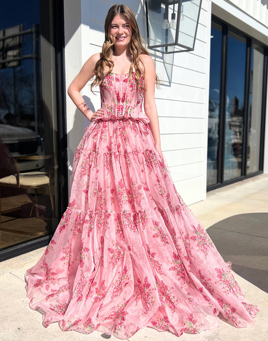 Blush Floral A-Line Strapless Corset Ruffled Tulle Long Prom Dress