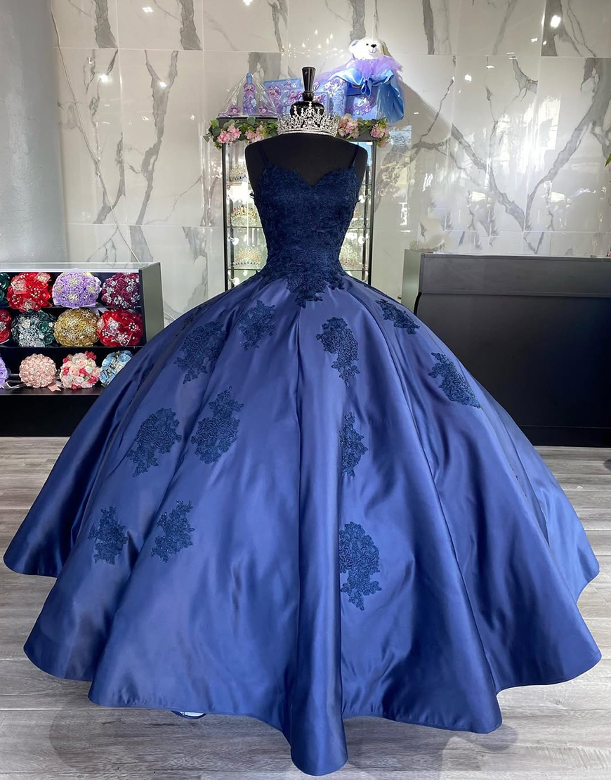 Princess Dark Blue Ball Gown Spaghetti Straps Satin Quinceanera Dress with Appliques