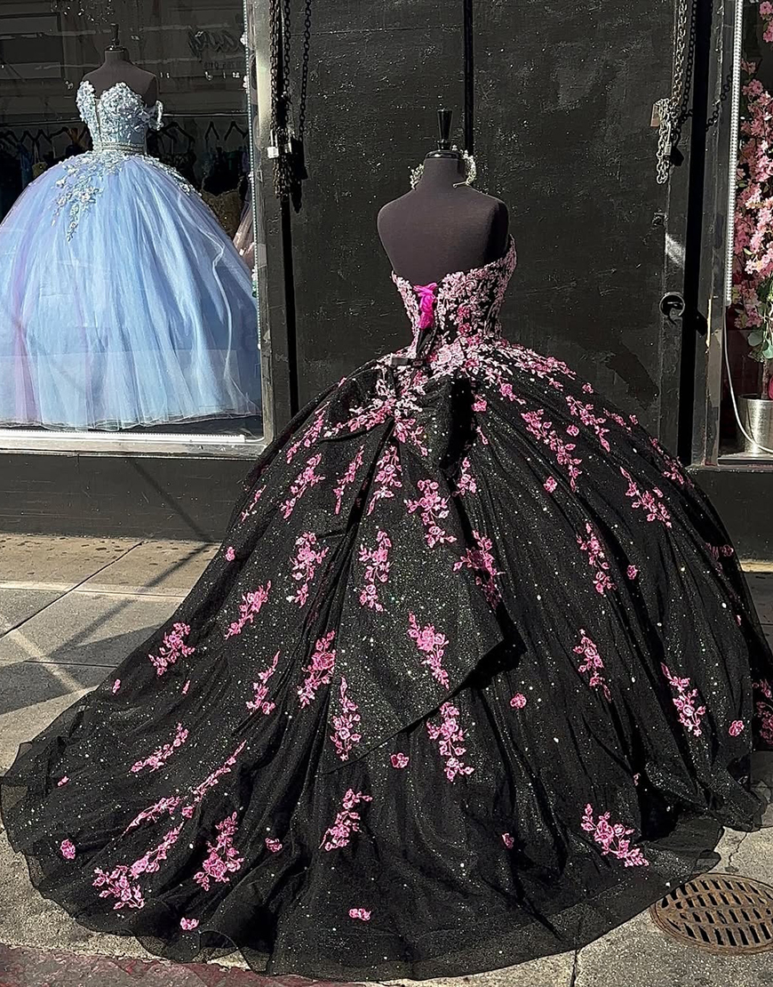 Princess Black Pink Ball Gown Strapless Tulle Appliques Quinceanera Dress with Bow