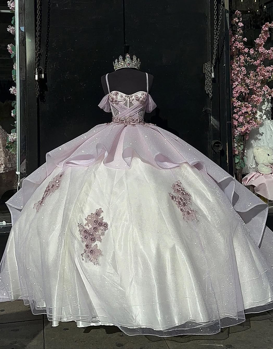 Sparkly Pink Ball Gown Cold Shoulder Ruffled Tulle Quinceanera Dress with Appliques