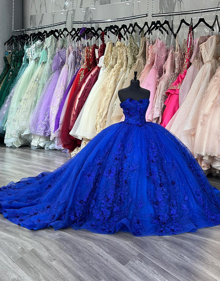 Sparkly Royal Blue Ball Gown Strapless Beaded Tulle Quinceanera Dress with Appliques