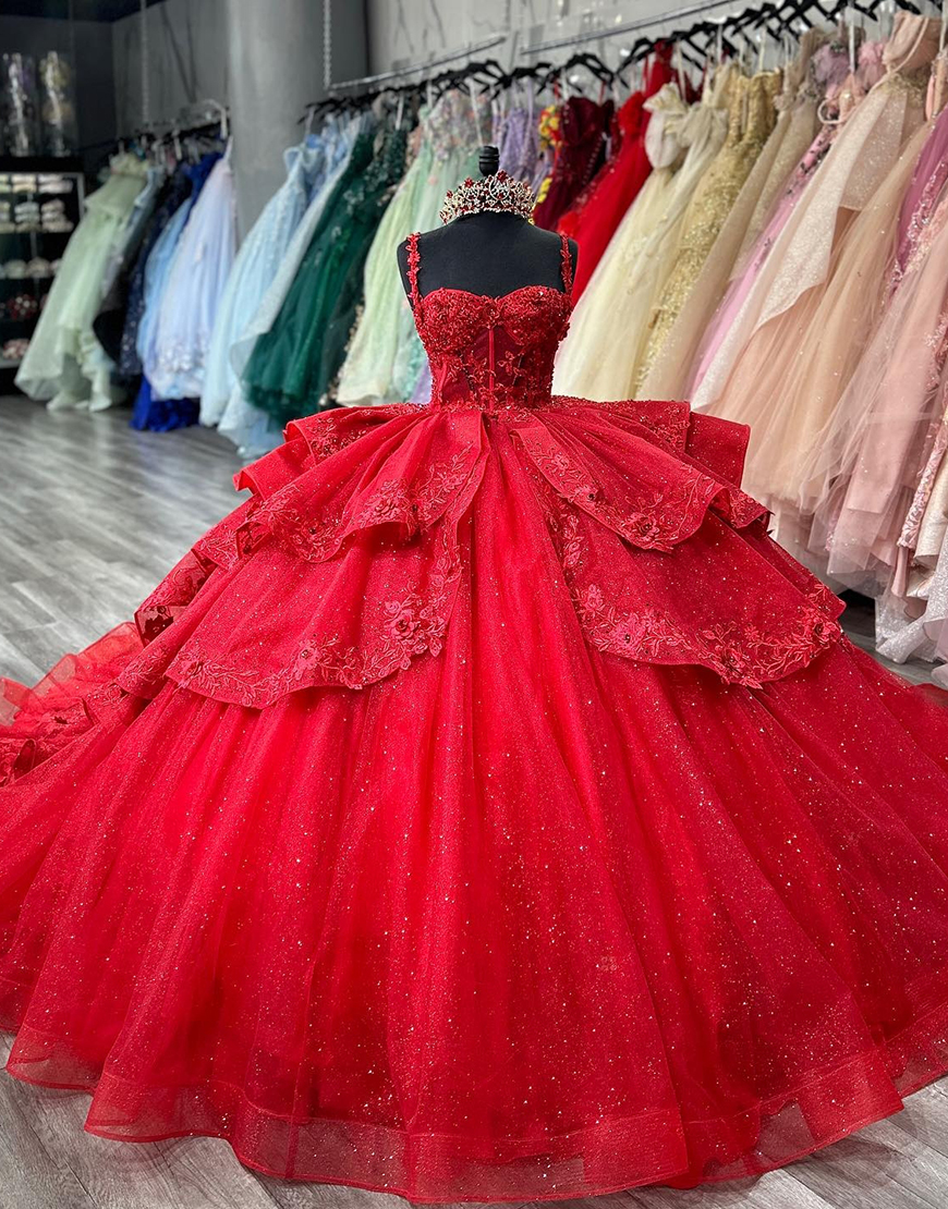 Princess Red Ball Gown Spaghetti Straps Beaded Ruffles Quinceanera Dress with Appliques