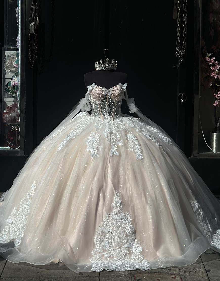 Princess Champagne Ball Gown Off the Shoulder Tulle Quinceanera Dress