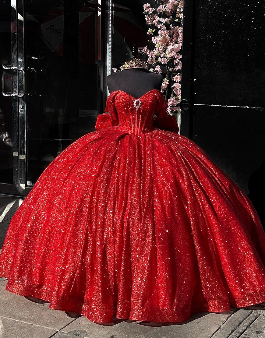 Princess Red Ball Gown Off the Shoulder Sequined Tulle Quinceanera Dress with Bow
