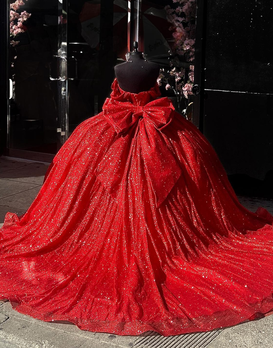Princess Red Ball Gown Off the Shoulder Sequined Tulle Quinceanera Dress with Bow