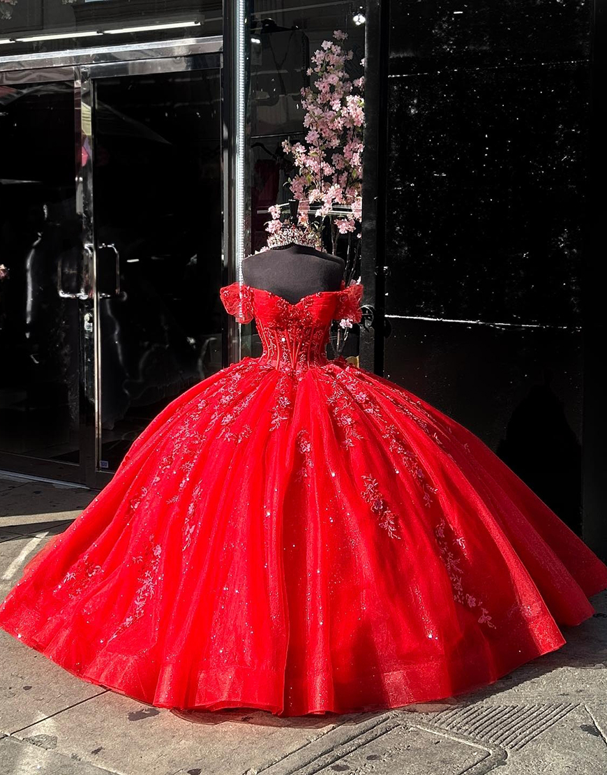 Sparkly Red Ball Gown Off the Shoulder Tulle Quinceanera Dress with Sequined Appliques