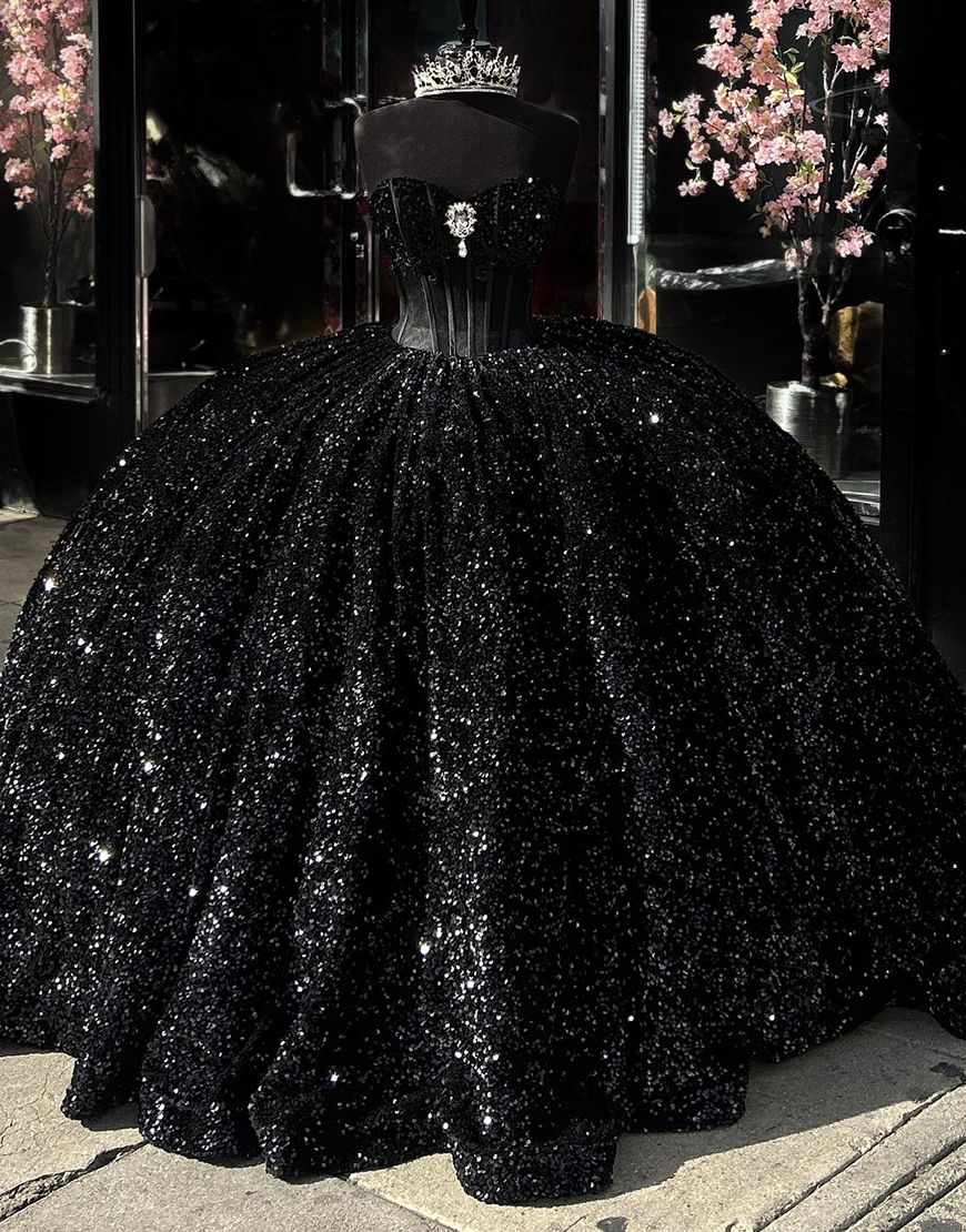 Princess Black Ball Gown Strapless Sequins Quinceanera Dress with Rhinestones