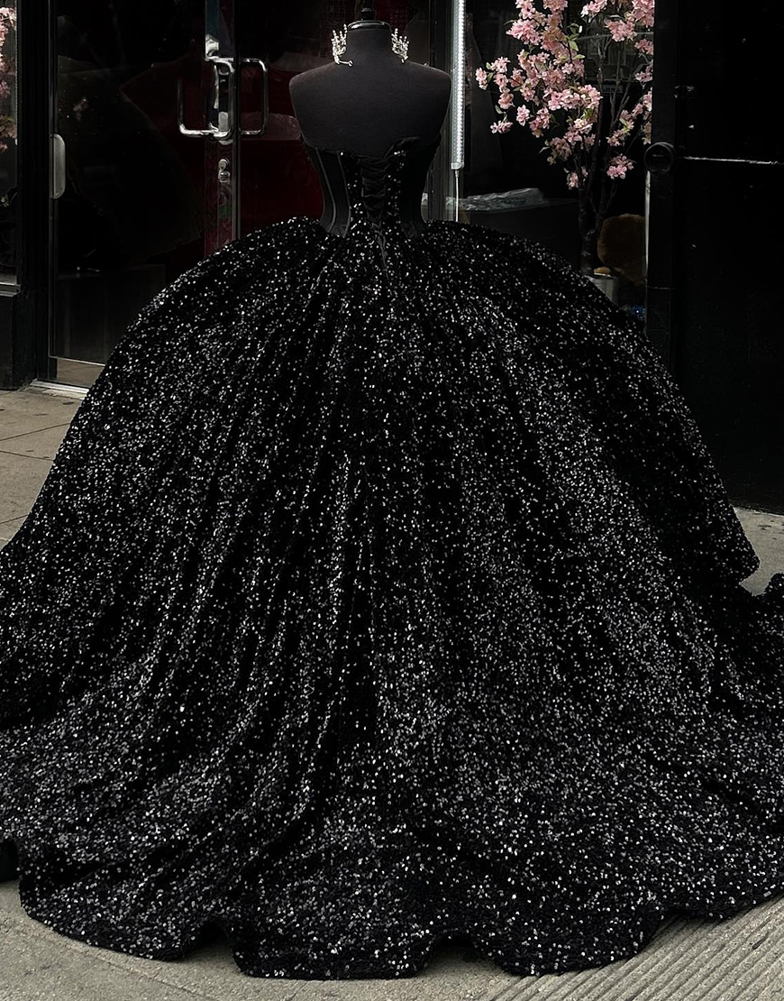 Princess Black Ball Gown Strapless Sequins Quinceanera Dress with Rhinestones