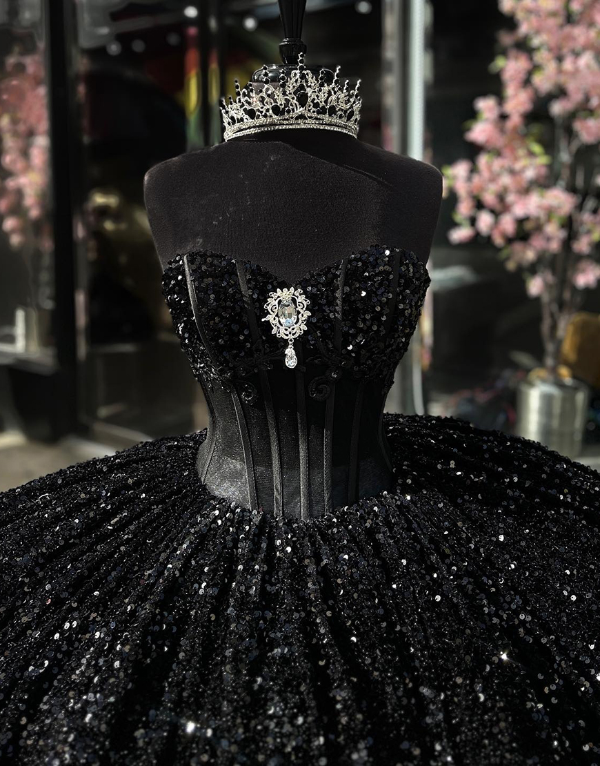 Princess Black Ball Gown Strapless Sequins Quinceanera Dress with Rhinestones