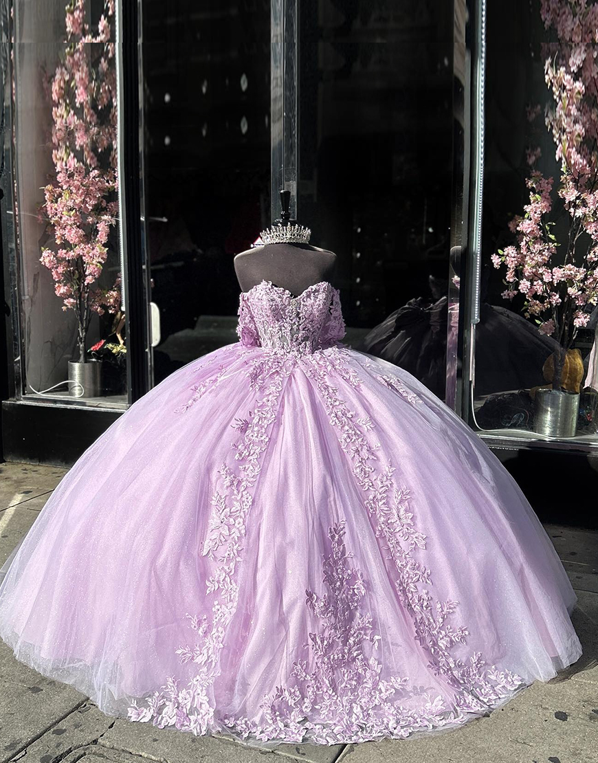 Sparkly Pink Ball Gown Off the Shoulder Appliques Tulle Quinceanera Dress with Bow
