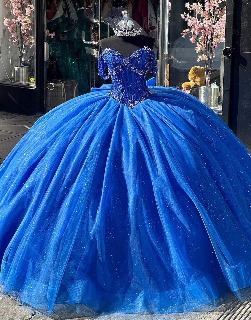 Princess Royal Blue Off the Shoulder Sequined Appliques Tulle Quinceanera Dress with Bow