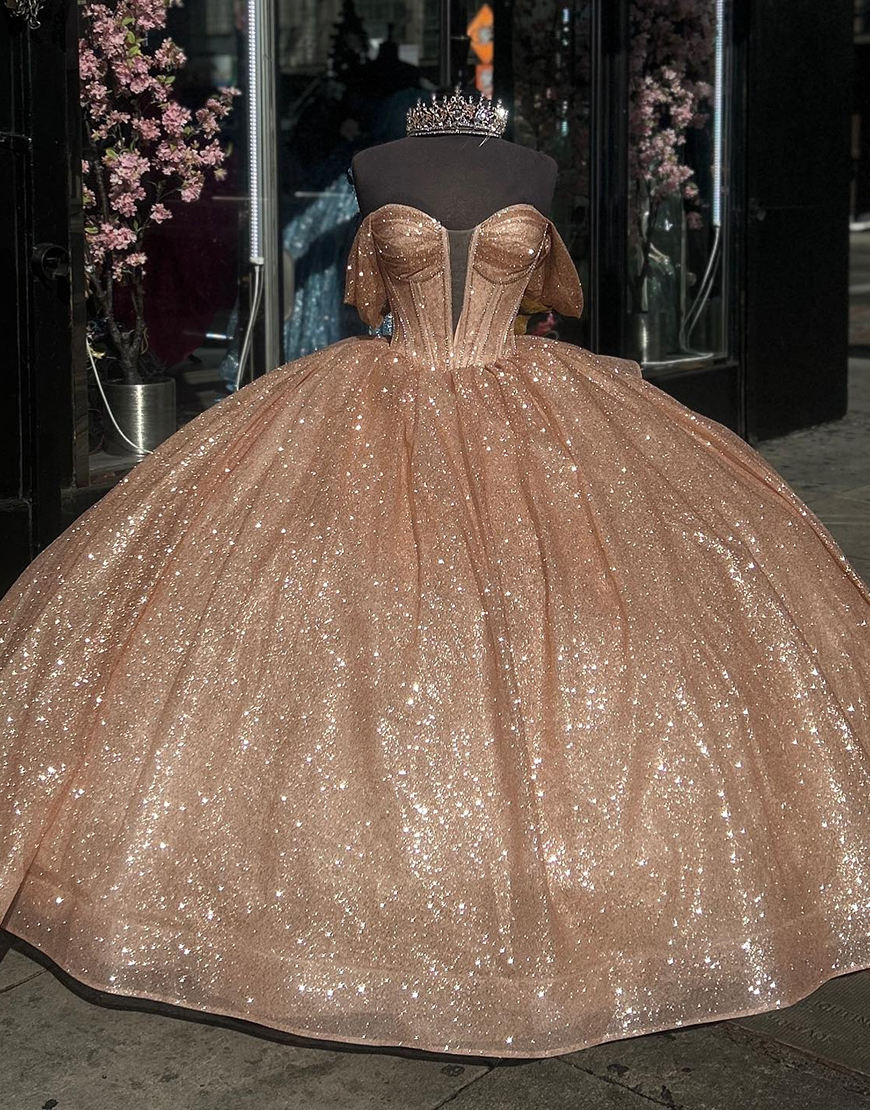 Princess Champagne Off the Shoulder Ruffles Tulle Quinceanera Dress with Bow