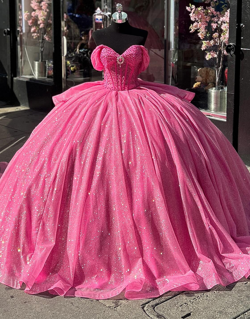 Princess Hot Pink Off the Shoulder Beaded Rhinestones Tulle Quinceanera Dress with Ruffle