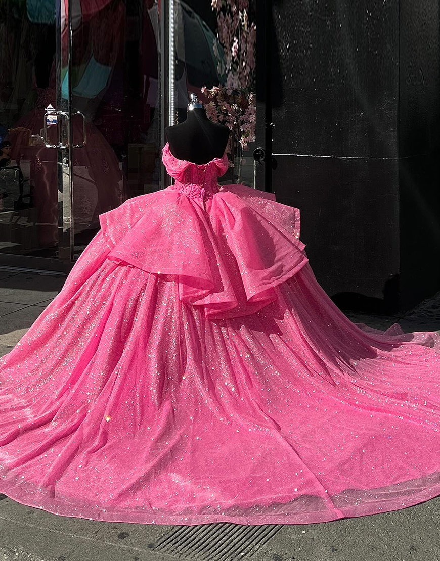 Princess Hot Pink Off the Shoulder Beaded Rhinestones Tulle Quinceanera Dress with Ruffle