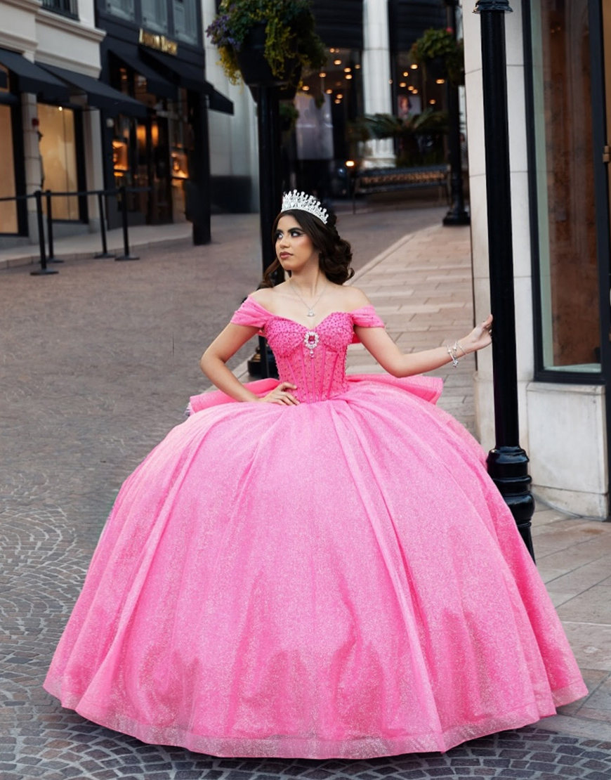 Princess Hot Pink Off the Shoulder Beaded Rhinestones Tulle Quinceanera Dress with Ruffle