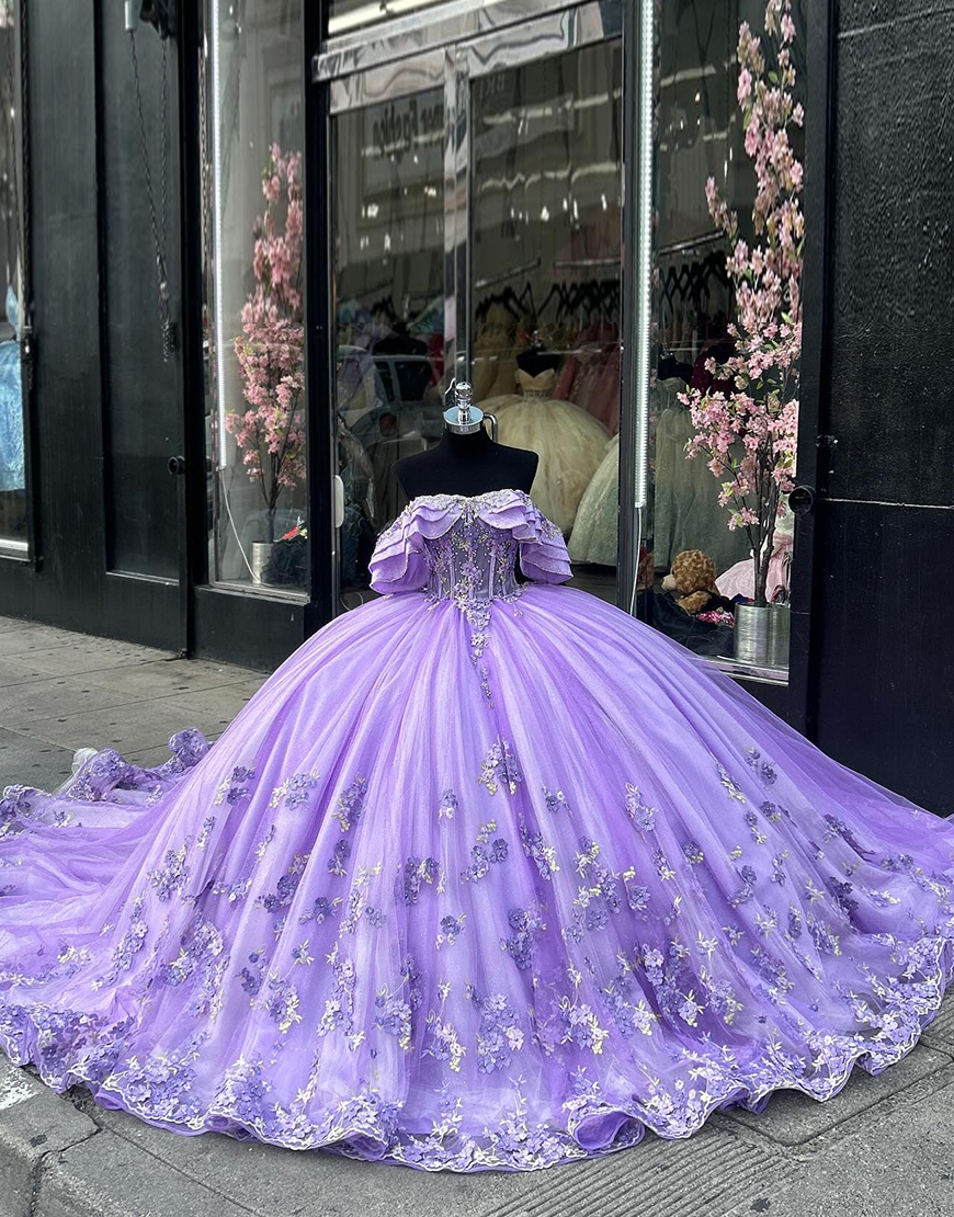 Sparkly Purple Ball Gown Ruffled Off the Shoulder Tulle Quinceanera Dress with Appliques