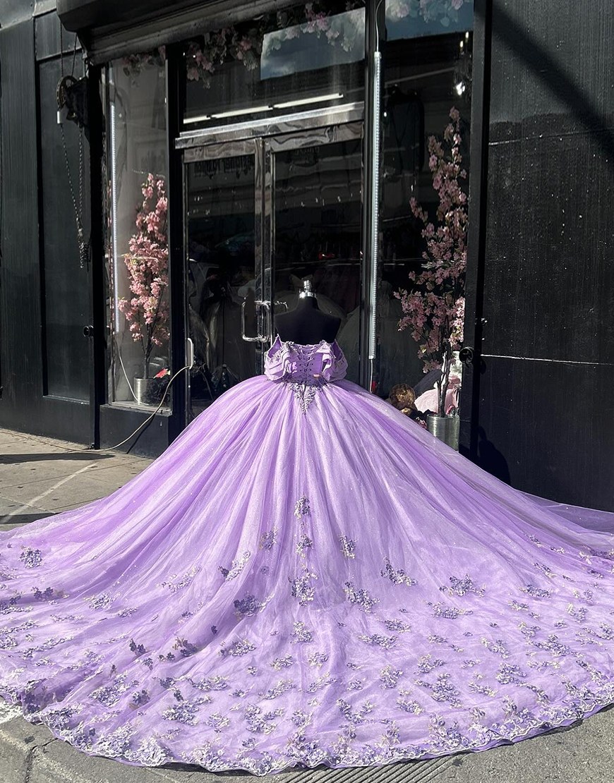 Sparkly Purple Ball Gown Ruffled Off the Shoulder Tulle Quinceanera Dress with Appliques