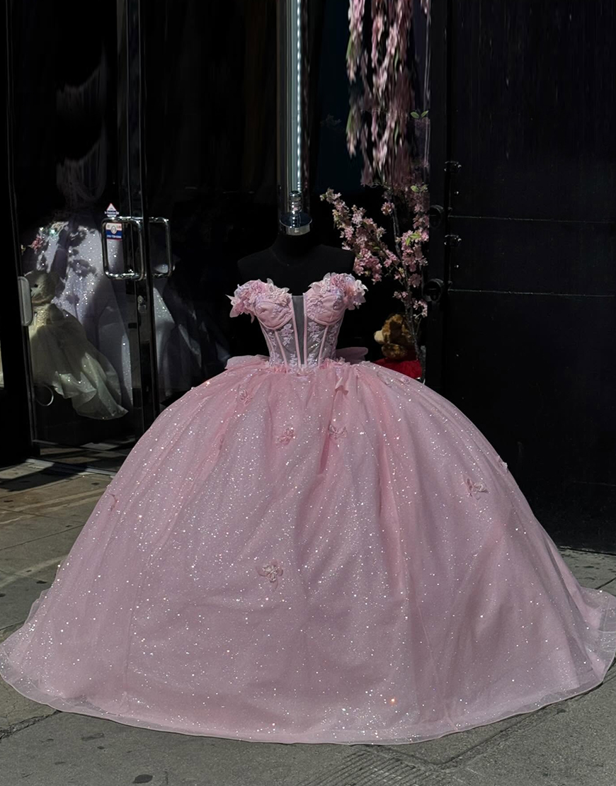 Princess Pink Ball Gown Tulle Off the Shoulder Appliques Quinceanera Dress with Bow