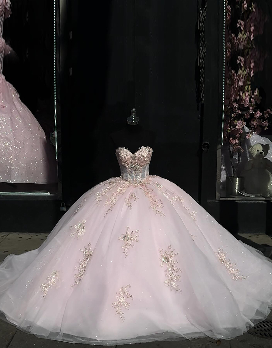 Sparkly Light Pink Ball Gown Strapless Tulle Quinceanera Dress with Sequined Appliques