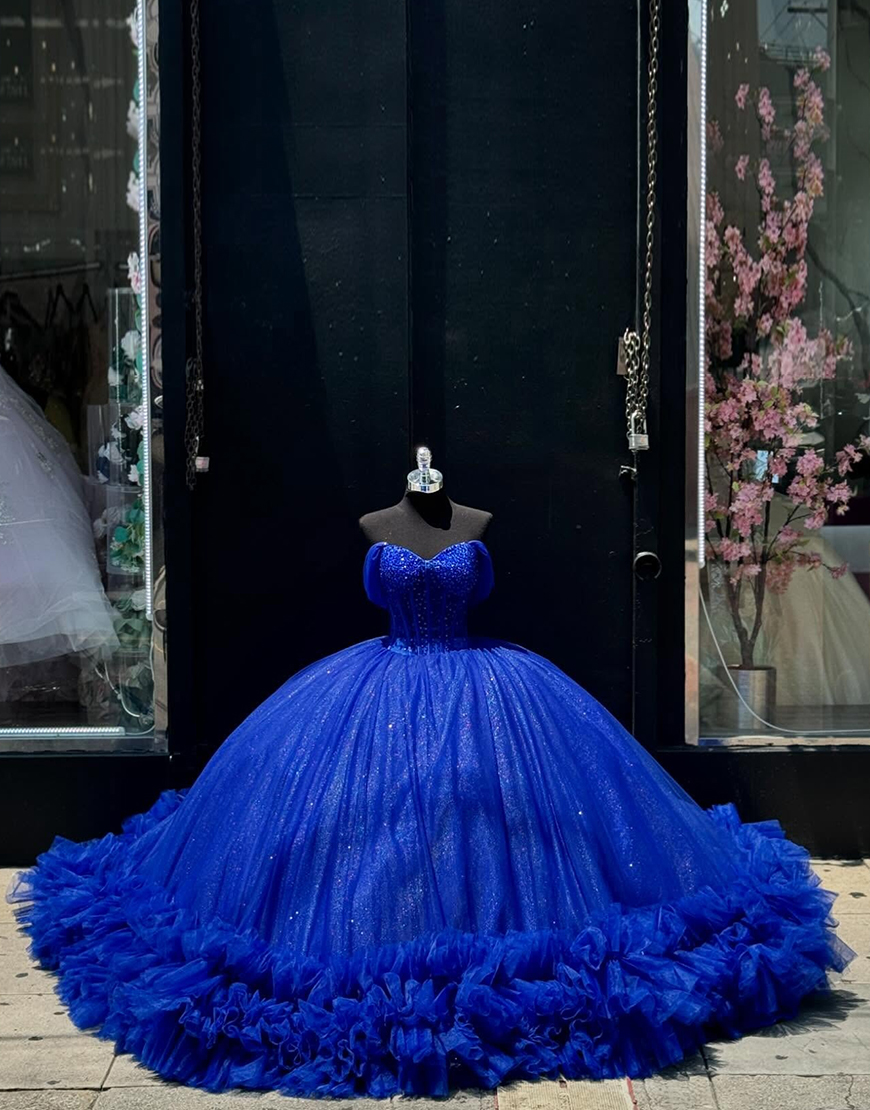 Princess Royal Blue Off the Shoulder Tulle Quinceanera Dress with Ruffles