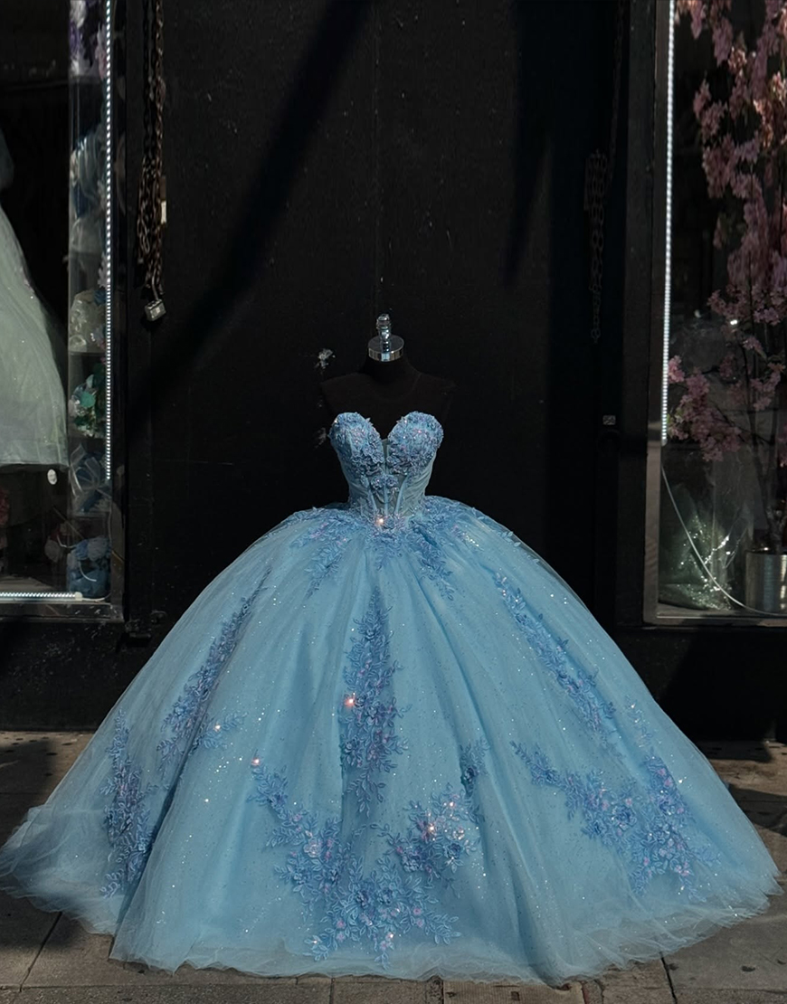 Sparkly Blue Ball Gown Strapless Tulle Sequined Appliques Quinceanera Dress