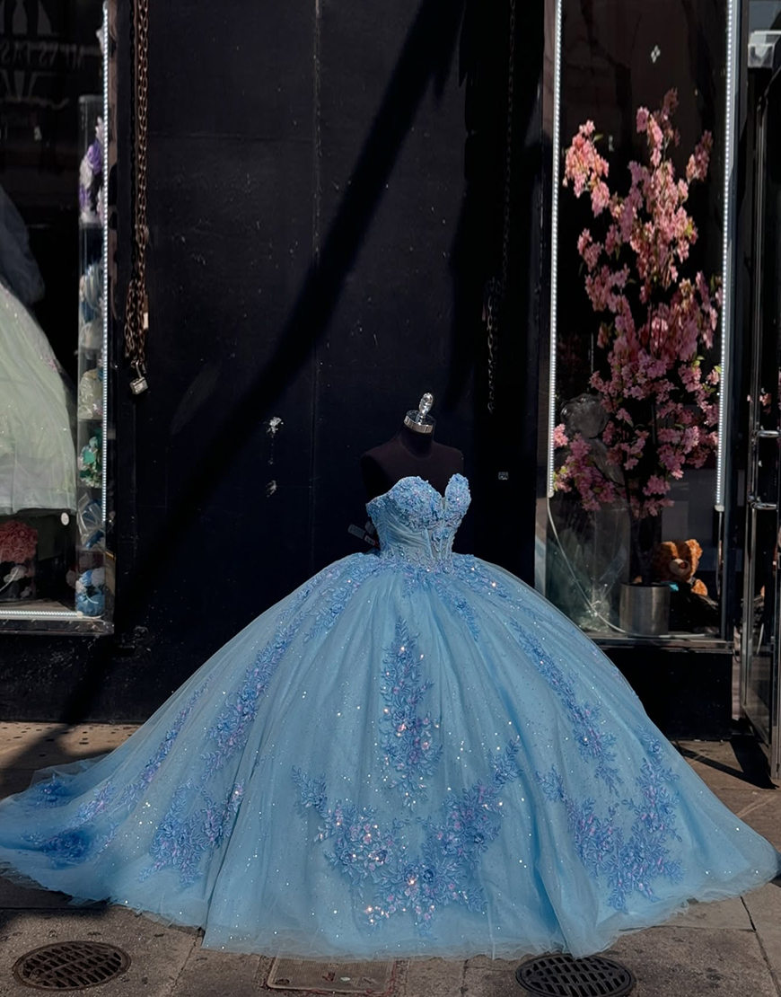 Sparkly Blue Ball Gown Strapless Tulle Sequined Appliques Quinceanera Dress