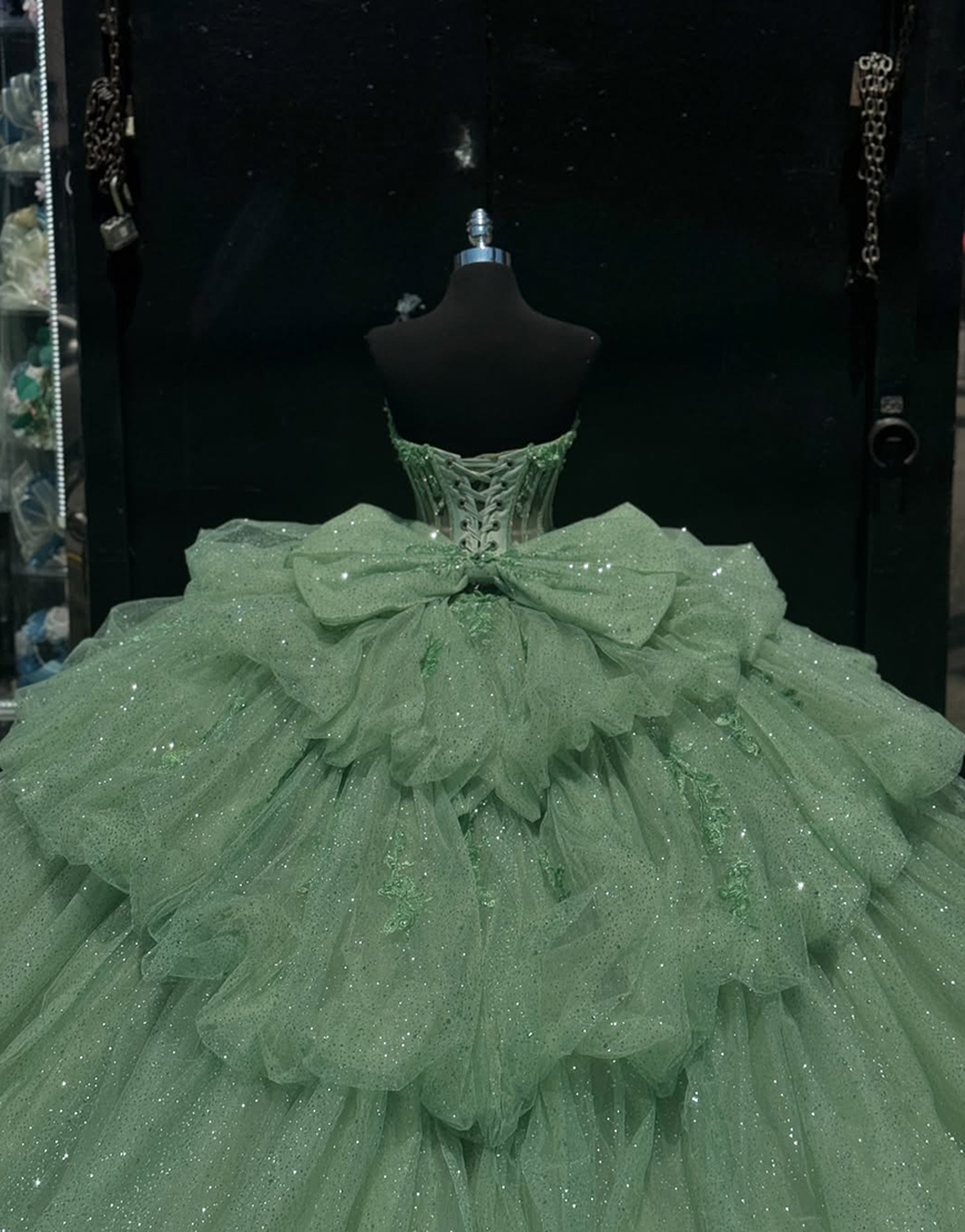 Princess Green Ball Gown Strapless Ruffles Tulle Quinceanera Dress with Appliques