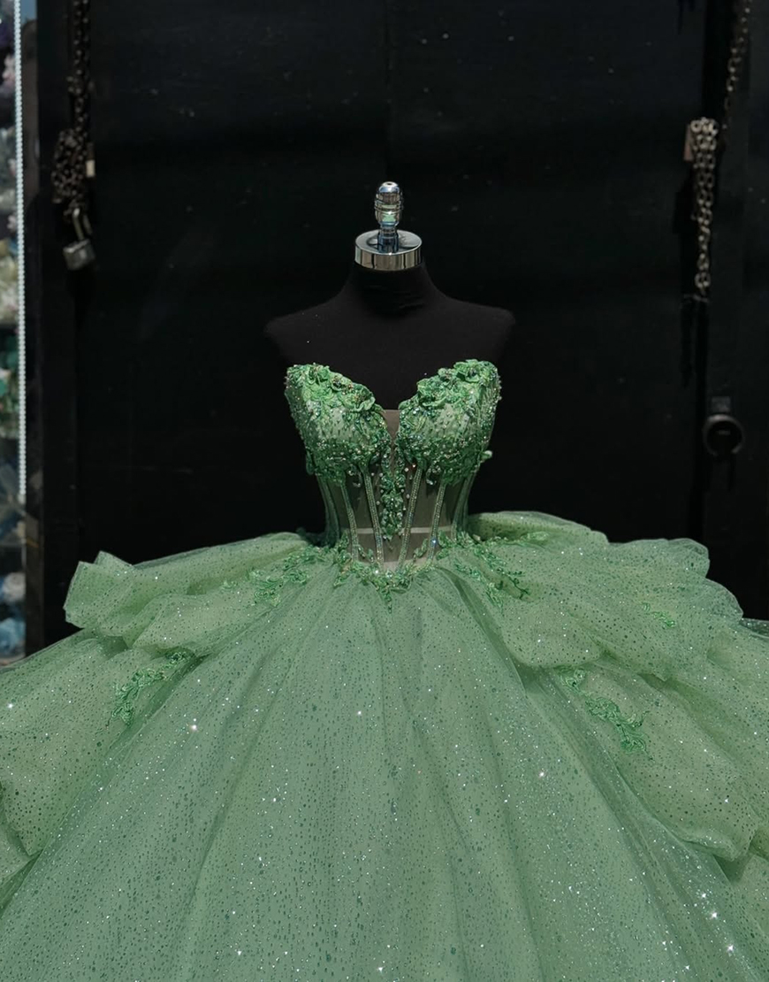 Princess Green Ball Gown Strapless Ruffles Tulle Quinceanera Dress with Appliques