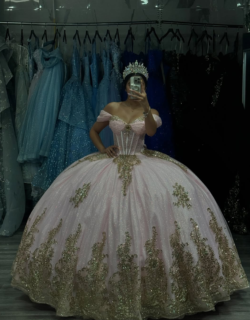 Glitter Pink Ball Gown Tulle Off the Shoulder  Quinceanera Dress with Golden Appliques