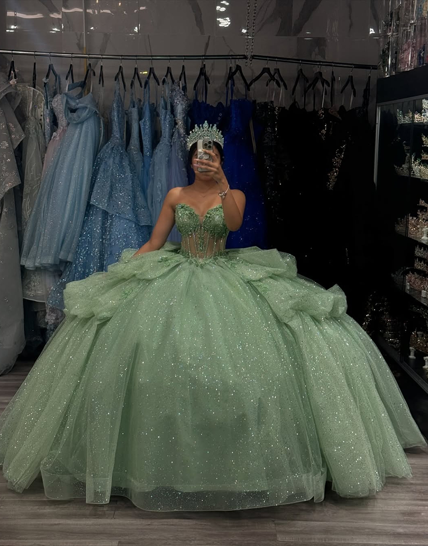Sparkly Green Tulle Sweetheart Ball Gown Quinceanera Dress with Appliques