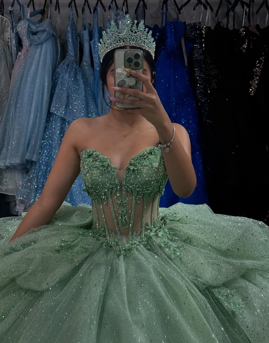 Sparkly Green Tulle Sweetheart Ball Gown Quinceanera Dress with Appliques
