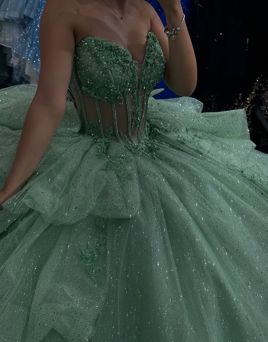 Sparkly Green Tulle Sweetheart Ball Gown Quinceanera Dress with Appliques