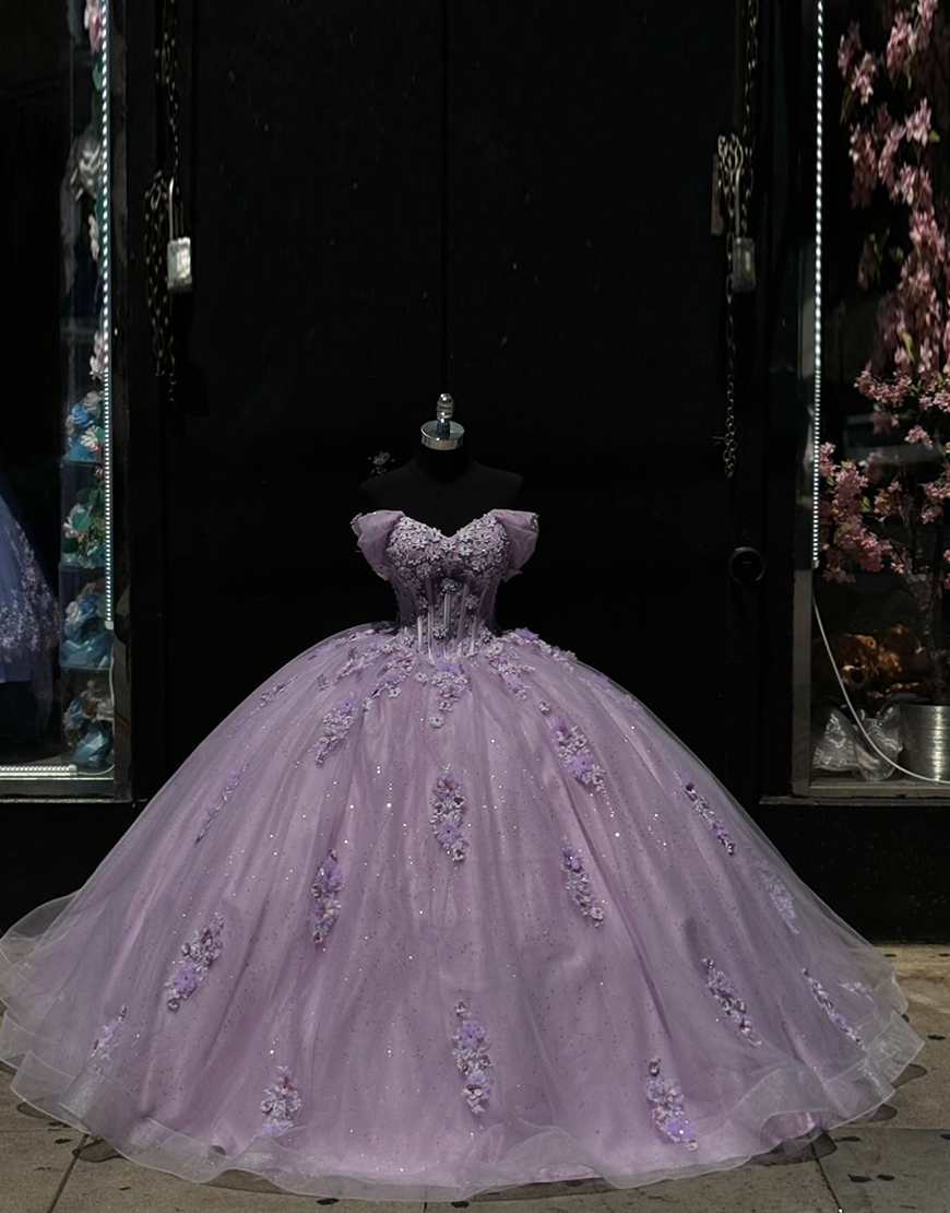 Princess Lilac Off the Shoulder Princess Applique Tulle Quinceanera Dress with Train