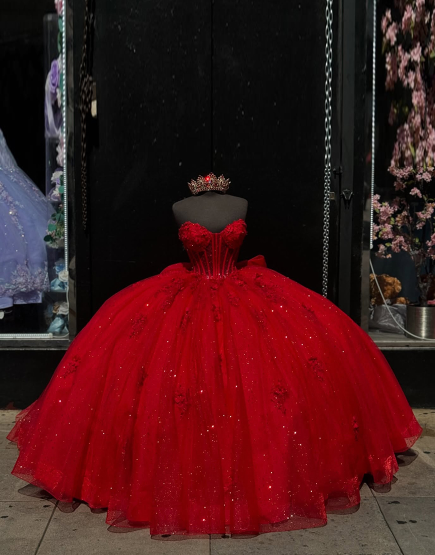 Sparkly Red Tulle Sweetheart Applique Ball Gown Quinceanera Dress