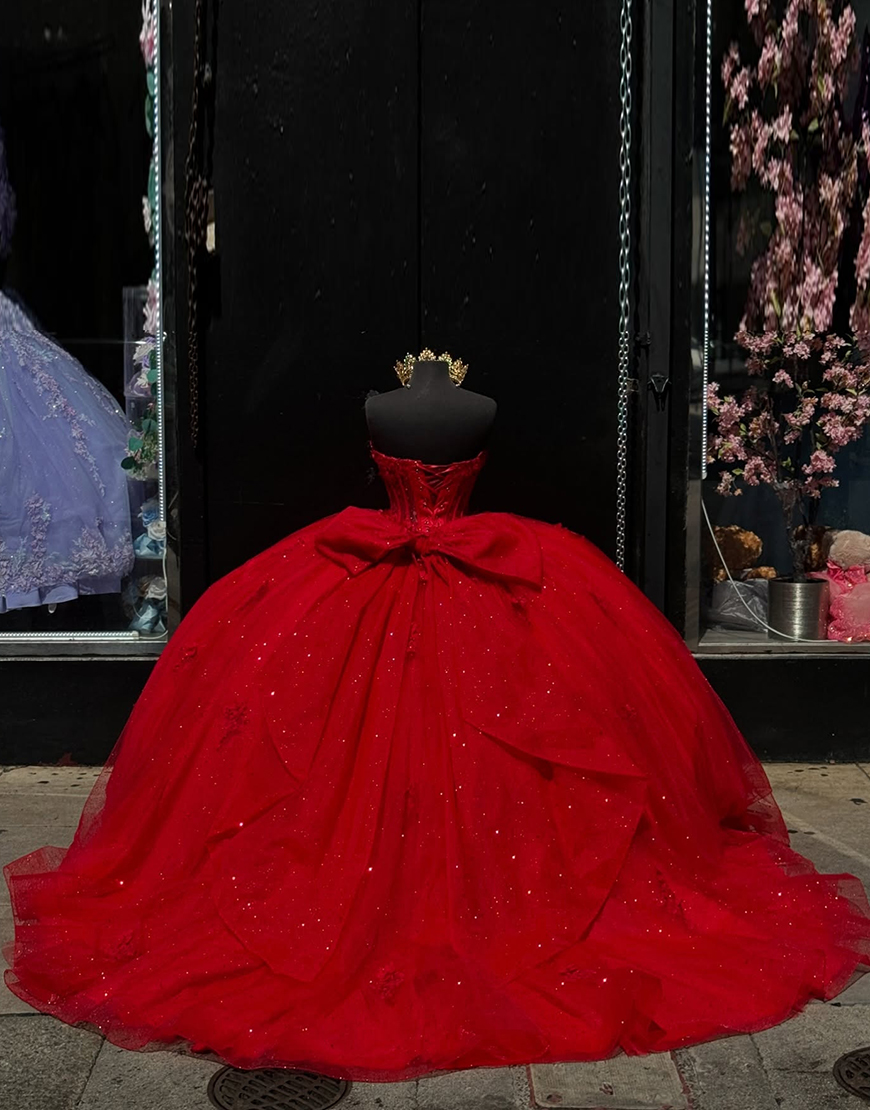 Sparkly Red Tulle Sweetheart Applique Ball Gown Quinceanera Dress