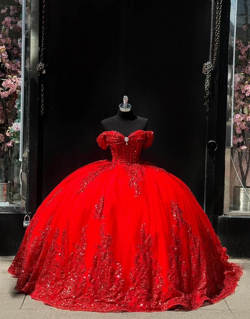 Sparkly Red Tulle Off the Shoulder Ball Gown Quinceanera Dress with Sequined Appliques