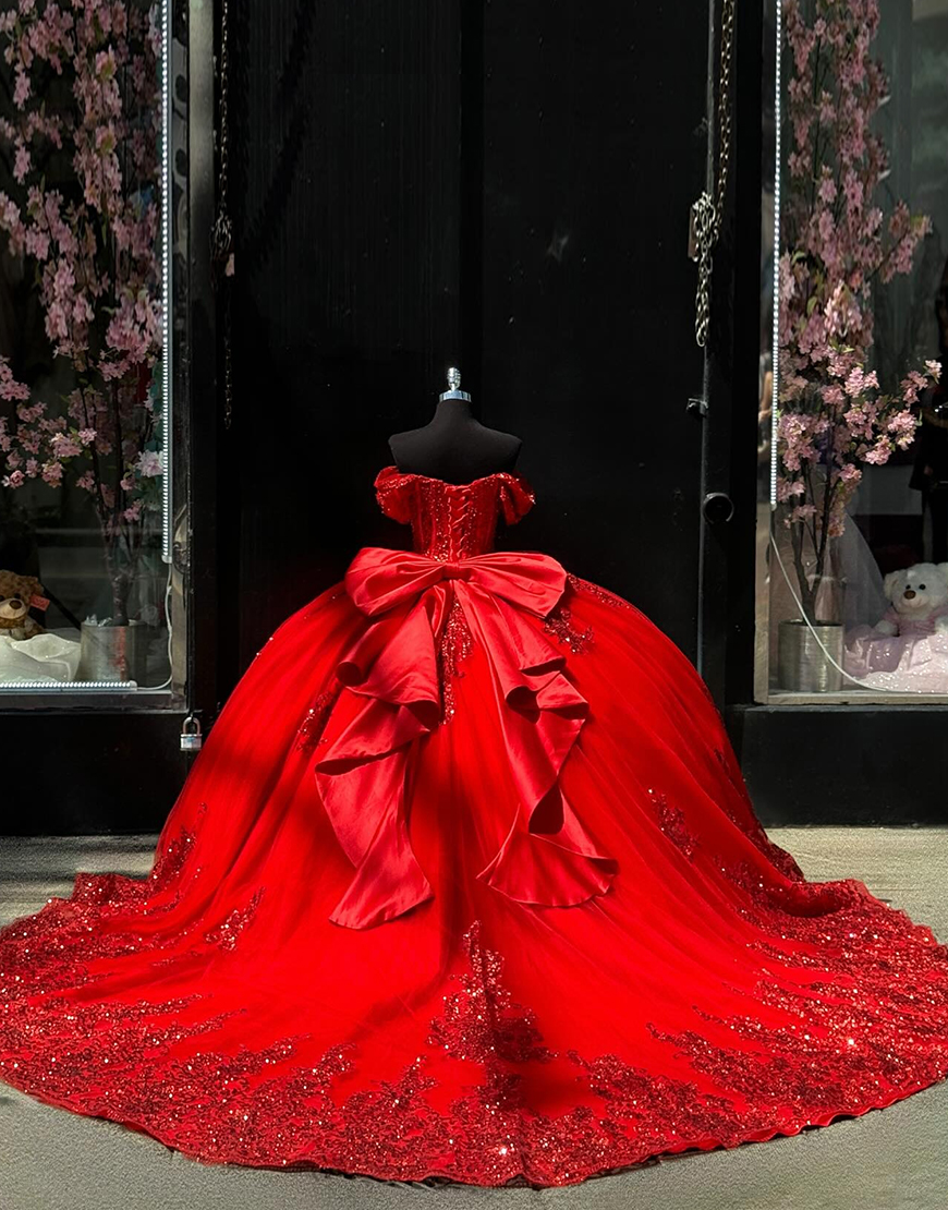 Sparkly Red Tulle Off the Shoulder Ball Gown Quinceanera Dress with Sequined Appliques