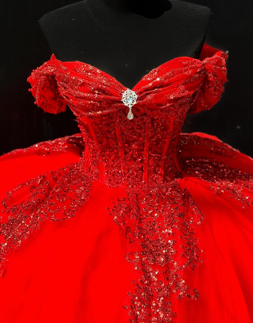 Sparkly Red Tulle Off the Shoulder Ball Gown Quinceanera Dress with Sequined Appliques