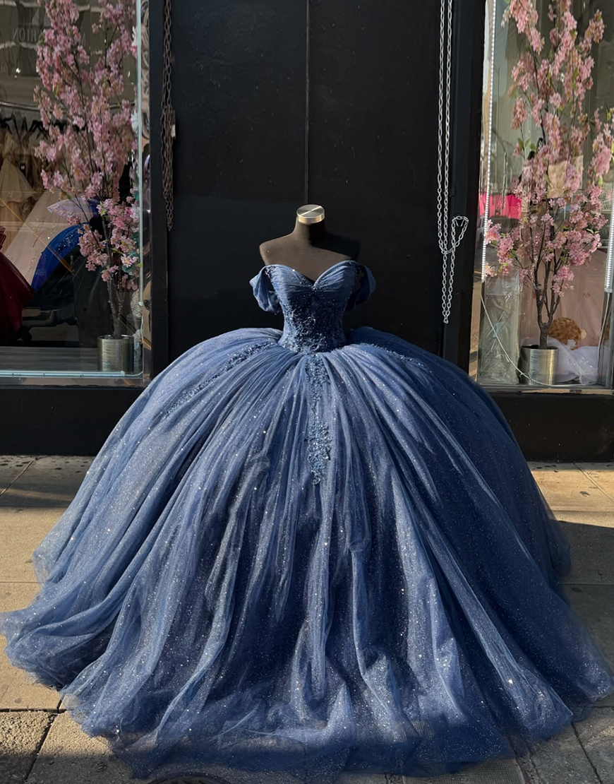Princess Navy Off the Shoulder Tulle Princess Quinceanera Dress with Appliques