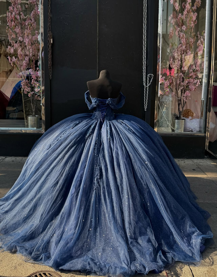 Princess Navy Off the Shoulder Tulle Princess Quinceanera Dress with Appliques