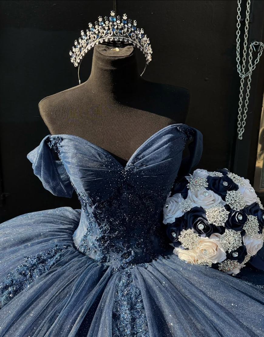 Princess Navy Off the Shoulder Tulle Princess Quinceanera Dress with Appliques