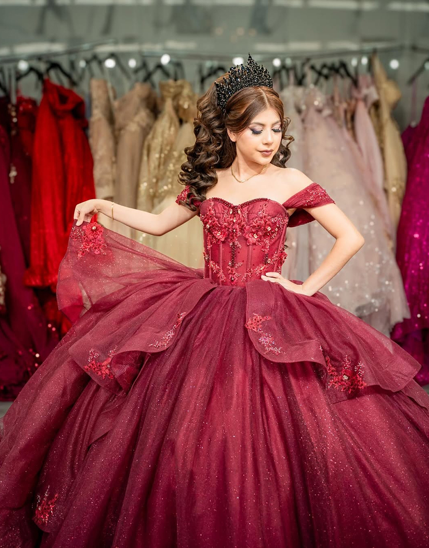 Princess Burgundy Tulle Off the Shoulder Applique Ruffled Ball Gown Quinceanera Dress