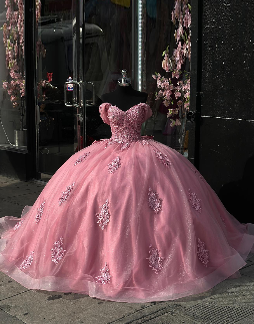 Hot Pink Tulle Off the Shoulder Ball Gown Quinceanera Dress with Applique