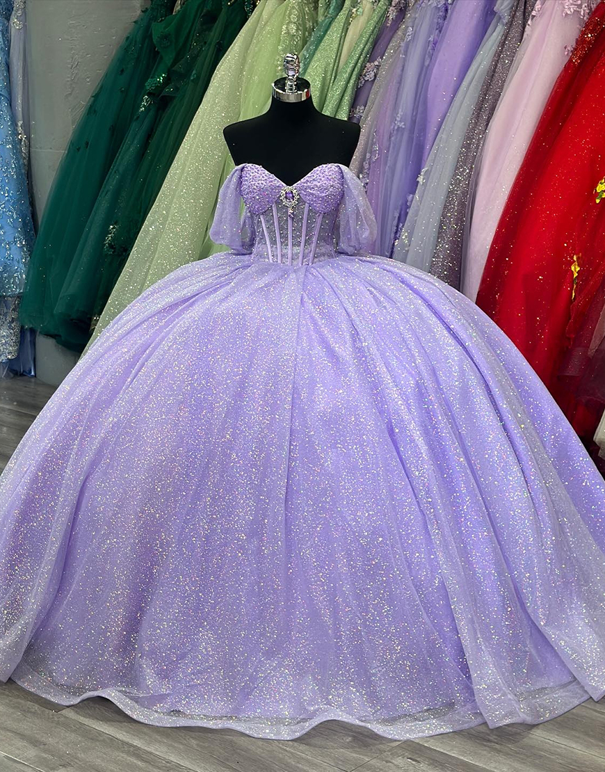 Princess Lilac Tulle Off the Shoulder Ball Gown Quinceanera Dress with Appliques