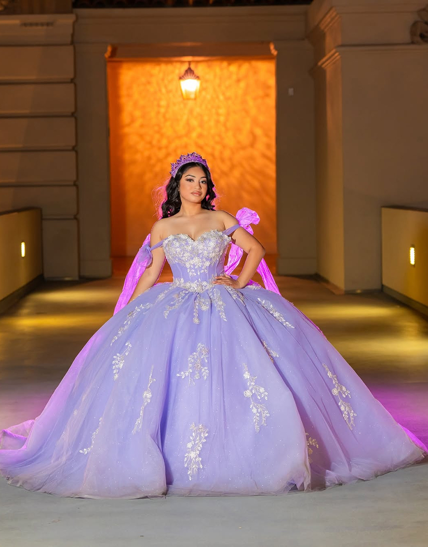 Sparkly Lilac Tulle Off the Shoulder Ball Gown Quinceanera Dress with Appliques