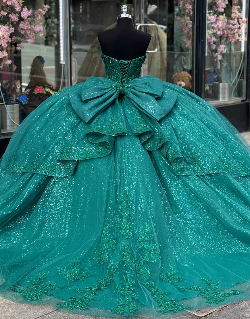 Princess Dark Green Tulle Sweetheart Ball Gown Applique Quinceanera Dress with Bow