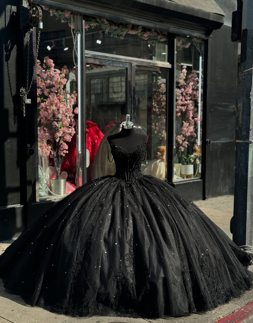 Sparkly Black Tulle Spaghetti Straps Ball Gown Applique Quinceanera Dress